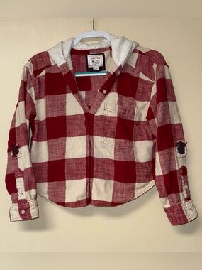 American Eagle Outfitters Red & Cream Plaid Hooded Button-Down - Cropped